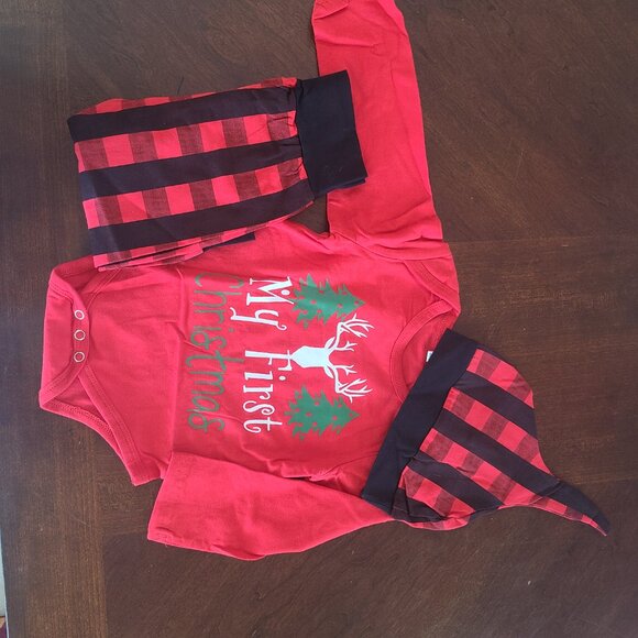 Baby Boy "My First Christmas" Bodysuit & Pants Set – Red, Gingham, 12M, 3pc, Nwt - Picture 2 of 8